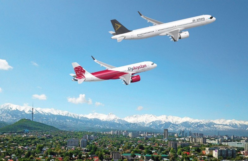 Air Astana and FlyArystan A320neo aircraft over Almaty